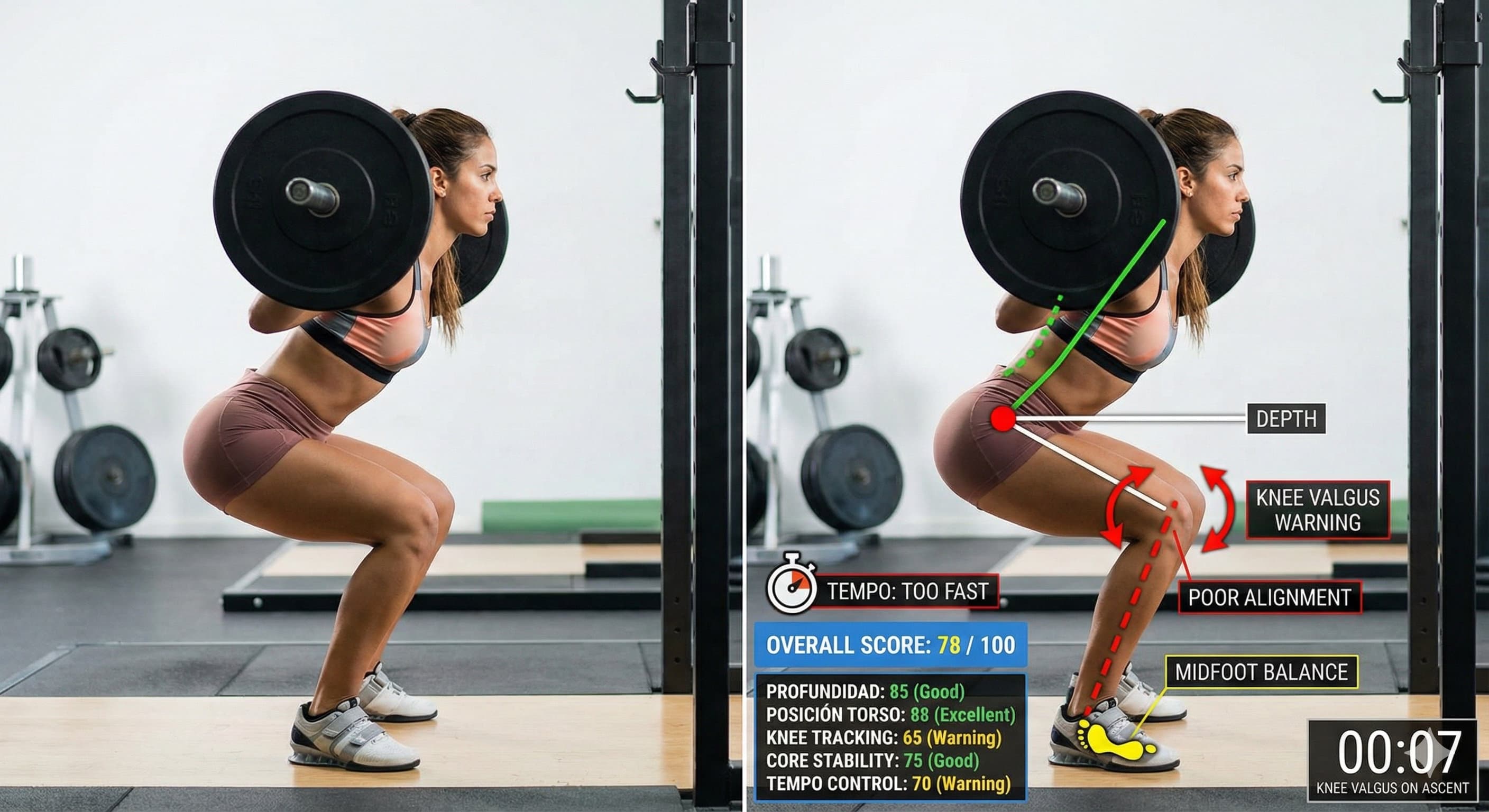Análisis biomecánico de CrossFit rastreando trayectoria de barra, valgo de rodilla y profundidad de sentadilla