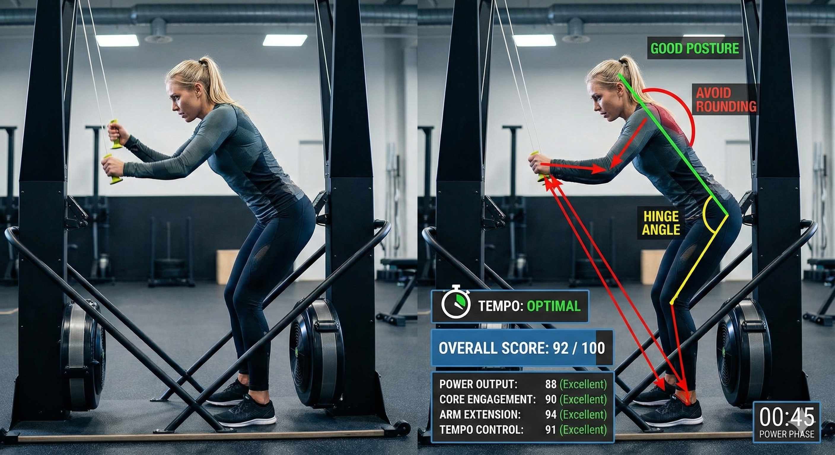 Análisis biomecánico por video de HYROX para Sled Push, Wall Balls, SkiErg y Compromised Running